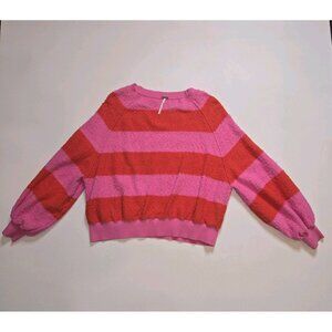 Free People Red Pink‎ Striped Textured Boucle Cropped Sweater Balloon Womens Med
